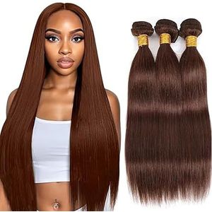 Tuheerst Straight Human Hair Bundles #4 Chocolate Brown Real Hair Human Hair Extensions Sew in Hair Extension 3 Bundles Double Weft Remy Hair Low Shedding for Woman 30 30 30 Inch