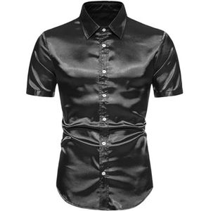 Hgvcfcv Heren Shinny Zijde Als Satijn Luxe Jurk Shirts Mannen Bruiloft Prom Smoking Mannelijke Casual Shirt Zwart Heren Zijden Shirt, Zwart1, XL