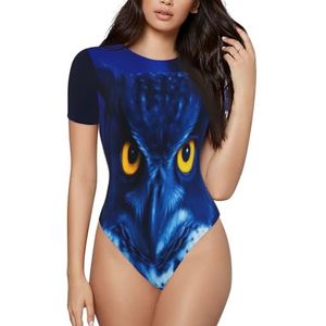 KHDKLXOHZ 3d blauwe uil dames bodysuits - korte mouw shapewear, ronde hals bodysuit, rekbare basic T-shirt tops, casual slim comfortabele pasvorm turnpakje onesie, 3d, S