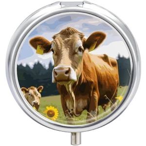 Ronde draagbare pildispenser, prachtig dier bruine koe bedrukte reismedicatie organizer 3 compartimenten geneeskunde opbergdoos met spiegel
