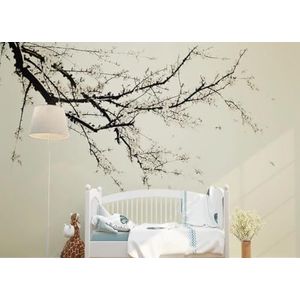 Zwart-Wit Fotobehang Chinese 3D-Effect Handgeschilderde Zwart-Wit Pruimenbloesemtakken Achtergrondwand 350 cm x 250 cm Woonkamer Slaapkamer Stralingsbestendig Natuur P