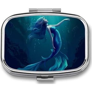 Blauwe Zeemeermin Gedrukt Draagbare Pil Container Reizen Pil Gevallen met Spiegel 2 Compartiment Geneeskunde Doos Decoratieve Metalen Geneeskunde voor Pocket Purse Reizen Dagelijks