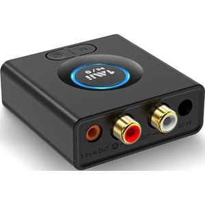 1Mii Bluetooth 5.0-ontvanger, Bluetooth audio-adapter voor muziekstreaming-geluidssysteem, draadloze audio-adapter met 3,5 mm RCA voor luidspreker, stereo-installatie, basmodus, 12 uur speeltijd