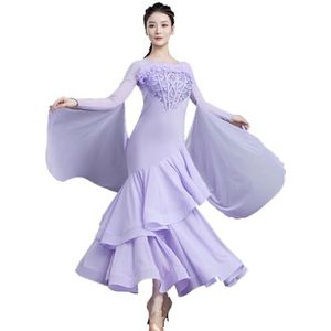 FZHQNZJF Dames Wals Prestatie Dansjurk Balzaal Dans Concurrentie Rok Ademend Tango Flamenco Danskleding Zacht Nationale Standaard Kostuums,Purper,L