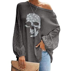 Dames Casual Skull Sweatshirts Baggy T-shirts met lange mouwen Off Shoulder Tops Pullover