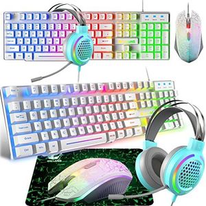 Toetsenbord - Wit - Gaming Toetsenbord Set - 104 Toetsen - Rainbow Backlit - 2400 DPI Muis - 7.1 Surround Koptelefoon