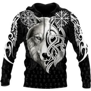 Nordic Celtic Wolf hoodie Voor Heren, 3D-tatoeageprint Viking Vegvisir Herfstsweatshirt met Lange Mouwen, Lenteklassieker Harajuku Pagan Plus maat Zip-top (Color : Pullover Hoodie, Size : L)