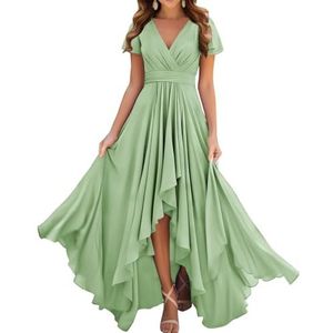 Prinses Bruidsmeisjes Jurken Flutter Mouw Galajurken Chiffon Formele Avondfeest Maxi Jurk met Split ZM209, Sage Groen, 32