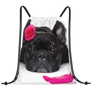 EgoMed Trekkoord Rugzak, Rugzak String Bag Sport Cinch Sackpack String Bag Gym Bag, Franse Bulldog Met Rose, zoals afgebeeld, Eén maat