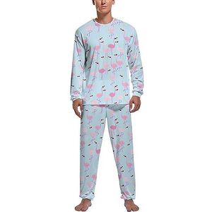 Roze flamingo patroon zachte heren pyjama set comfortabele lange mouwen loungewear top en broek geschenken M