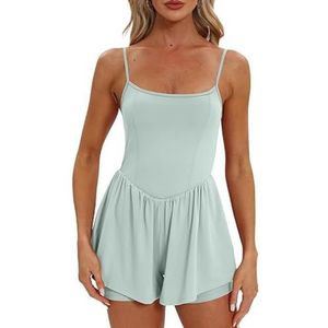 Jumpsuit for dames 2024 zomermode hemdje jumpsuit jurk broek dubbele voering korte sport jumpsuit(Color:Green,Size:M)