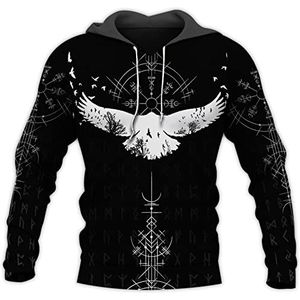 Nordic Compass Crow Print Viking Hoodie, Mens 3D Digital Print Zip Pullover Hoodie, Unisex Long Sleeve Shirt Loose Harajuku Hooded Sweatshirt