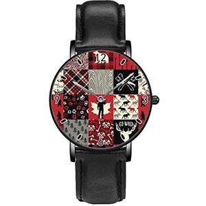 Bear Moose Hout Plaid en Houthakker Klassieke Patroon Horloges Persoonlijkheid Business Casual Horloges Mannen Vrouwen Quartz Analoge Horloges, Zwart