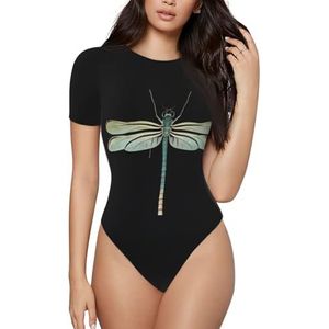 KHDKLXOHZ 3d Dragonfly zwarte damesbodysuits - shapewear met korte mouwen, ronde hals, rekbare basic T-shirt tops, casual slim comfortabele pasvorm turnpak-onesie, 3d, S