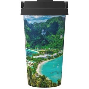 Groene tropische eiland print reizen koffiemok lekvrije thermosbeker geïsoleerde beker voor kantoor camping