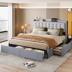 Aunvla Gestoffeerd bed 160 x 200 cm, nachtkastje met USB-oplaadpoort en plank, tweepersoonsbed met 4 laden, linnen stof grijs