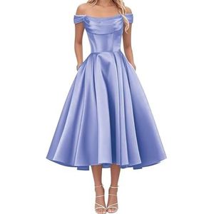 AHERKLL Thee Lengte Bruidsmeisjes Jurken voor Junioren Off Shoulder Satijn Avond Cocktail Party Maxi Jurk met Zak HAH050, Lavendel, 32