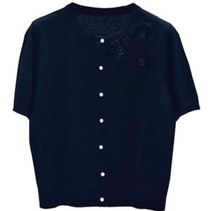 GKEIOSHQIL Korte Mouw Cardigans Voor Dames Wolmix Parels Bloemen Knopen Lichtgewicht Brei Blouses Tops,zwart,L