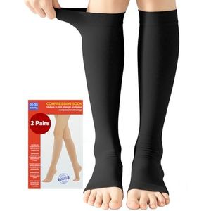 2 Paar Medische Compressiekousen Dames & Herren 20-30 mmHg, Klasse 2 | Open Teen | Gegradueerde Steun | Steunkousen tegen Oedeem, Trombose, Reizen | Zwangerschap (2x Zwart, S)