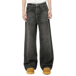 Heren Baggy Straight Jeans Casual Loose Fit Vintage Streetwear Y2K Denim Wijde Pijpen Broek met Zakken,zwart,L