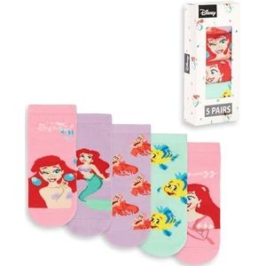 Disney Set van 5 sokken met kalfjes voor meisjes van de Kleine Zeemeermin | Veelkleurige Ariel, Flounder, Sebastian Designs | Dagelijkse kleding | Speelse patronen in roze, paars en groen