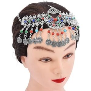 Gypsy Tribal Vintage munt kleurrijke kralen hoofdbanden zendspoel hoofd keten Bohemen sieraden haaraccessoires (Color : Gold Headpiece-01, Size : M)