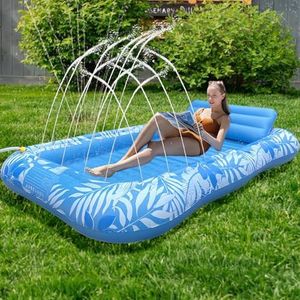Balakaka Tanning Zwemmat voor volwassenen, 208 x 130 cm, opblaasbaar, met leuning, watersproeidesign, opblaasbaar, zwemring, zwembad voor feestjes
