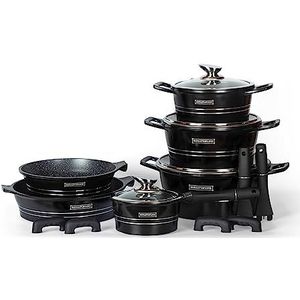 Keukengerei-set van gegoten aluminium, 14-delig, marmeren coating, zwart