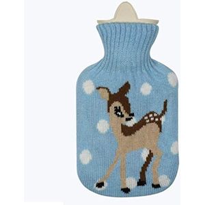 Wintercadeau voor grootmoeder rubberen warmwaterfles met mooie cartoon fleece cover (blauw gebreid hert, 0,5L)