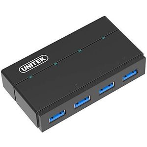 UNITEK Active USB Hub 4 Port 3.0 Gen 1 + Power Supply, SuperSpeed Data Hub Multiport Distributor voor PC, Laptop, Toetsenbord, Muis, Printer, iOS (Mac) + Windows Compatibiliteit, Plug&Play Zwart