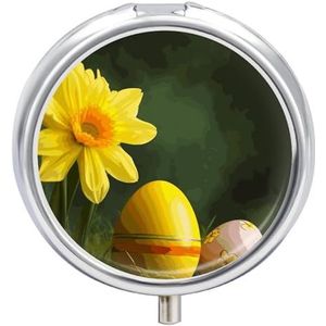 Ronde draagbare pillendispenser, prachtig gele bloem en ei bedrukte reismedicatie organizer 3 compartimenten geneeskunde opbergdoos met spiegel