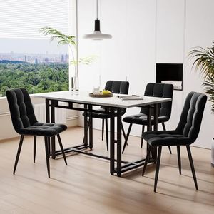 Idemon Eettafel met 4 stoelen, 120 x 70 cm, moderne keukeneettafel, linnen eetkamerstoel, zwart ijzeren beentafel (zwart)