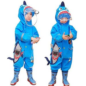 JinBei Regenjas Kinderen Jongen Blauw 3D Haai Regenjassen Lichte met Capuchon Tekenfilm Regenkleding Modderpak Draagbaar Waterdicht Regenpak Ademend PVC Transparant Hoed Rand Rits 2-4 Jaar