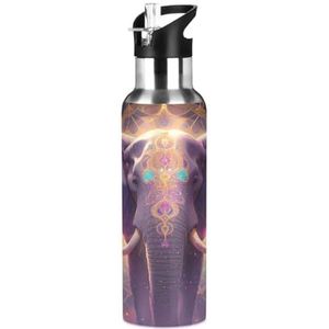 Space Artistic Thailand Olifant Sport Water Fles met Stro Thermos Rvs Dubbelwandige Geïsoleerde Vacuüm Cup 600ML Thee