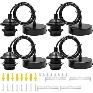 Nizirioo 4 stuks E27 lampophangingen met 100 cm kabel, zwart, plastic, E27 base, ophangbaar, 220V AC, 60W max.