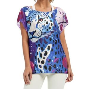 Paars artwork Cheetah dames korte vleermuismouwen shirt ronde hals T-shirts losse tops voor meisjes, Patroon, L
