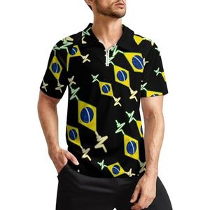 Brazilië Vlag Heart Beat Heren Golf Polo Shirts Klassieke Fit Korte Mouw T-Shirt Gedrukt Casual Sportkleding Top M