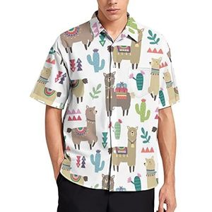 Alpaca en cactus patroon heren T-shirt korte mouw casual button down zomer strand top met zak
