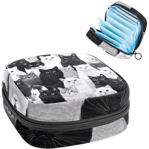 Opbergtas voor maandverband, naadloze zwart-witte katten op grijze achtergrond, draagbare maandverband, inlegkruisjes, tampons, opberghouder voor maandverband voor vrouwen, school, kantoor