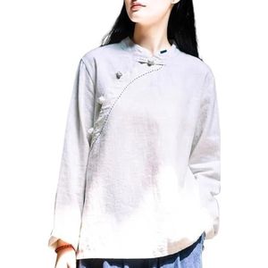 2024 Retro Etnische Stijl Chinese Tops Vrouwen Plus Size Traditionele Hanfu Blouse Losse Casual Katoenen Linnen Shirt (Color : Gray, Size : 4XL)