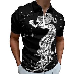 Mooie Octopus Meisje Schedel Polo Shirt voor Mannen Casual Rits Kraag T-shirts Golf Tops Slim Fit