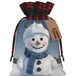 Leuke Sneeuwman Parrern Chic Trekkoord Kerst Gift Tassen, Patchwork Jute Trekkoord Tassen, Herbruikbaar.
