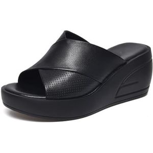 kumosaga Orthopedische sandalen for dames, 2024 zomer comfortabele lederen sleehakken, damesplatformsandalen met steunzool (Color : Noir, Size : EU36)