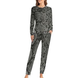 Zwart en grijs slangenhuidpatroon zachte damespyjama met lange mouwen warme pasvorm pyjama loungewear sets met zakken XL