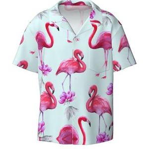 YJxoZH Roze Flamingo's Print Heren Jurk Shirts Casual Button Down Korte Mouw Zomer Strand Shirt Vakantie Shirts, Zwart, L