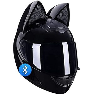 Meisje Cat Ear Bluetooth Helm Volwassen Gepersonaliseerde Cat Ear Motorhelm, Mannen en Vrouwen Cool Cat Locomotive Motorcycle Full Face Helm, DOT-certificering Standaard (54-62cm)