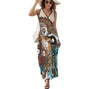 Yin Yang Chinese draak en tijger dames lange jurk mouwloze maxi-jurk zonnejurk strand feestjurken avondjurken S