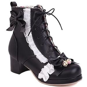 Dames Korte Veterlaarzen Zoete Enkellaarsjes Met Strik + Ruches Elegante Enkellaarsjes Met Blokhak Herfst Winter PU-leren Laarsjes Student Lolita Schoenen for Feest (Color : Black, Size : 42 EU)