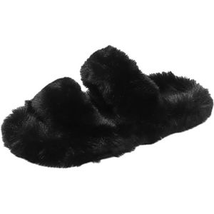 OLACD Warme harige mode pantoffels antislip vrouwen lichtgewicht slippers voor 2 band trendy huishouden vintage huis, Zwart, one size