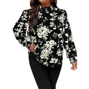 damestop in grote maten Plus blouse met opstaande hals en lantaarnmouwen met bloemenprint (Color : Noir, Size : 3XL)